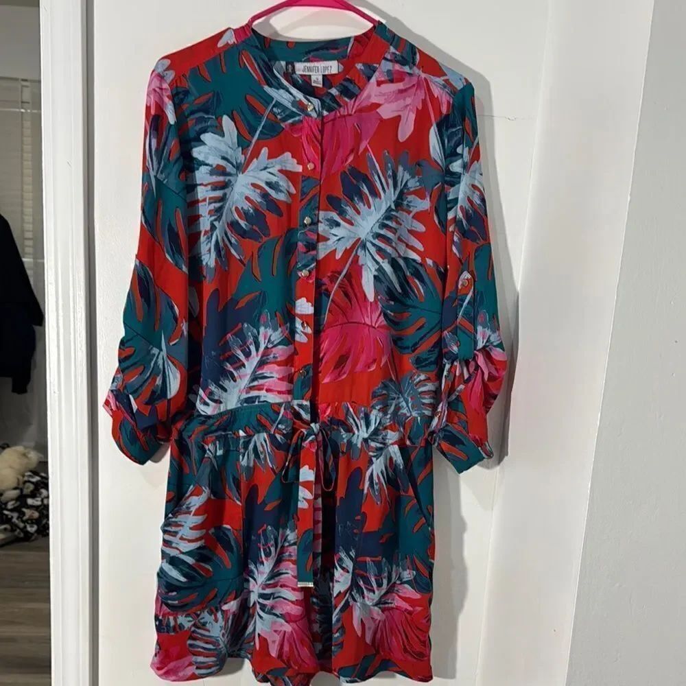 Jennifer Lopez Tropical print Red and Blue Romper with Mandarin Collar Size 16